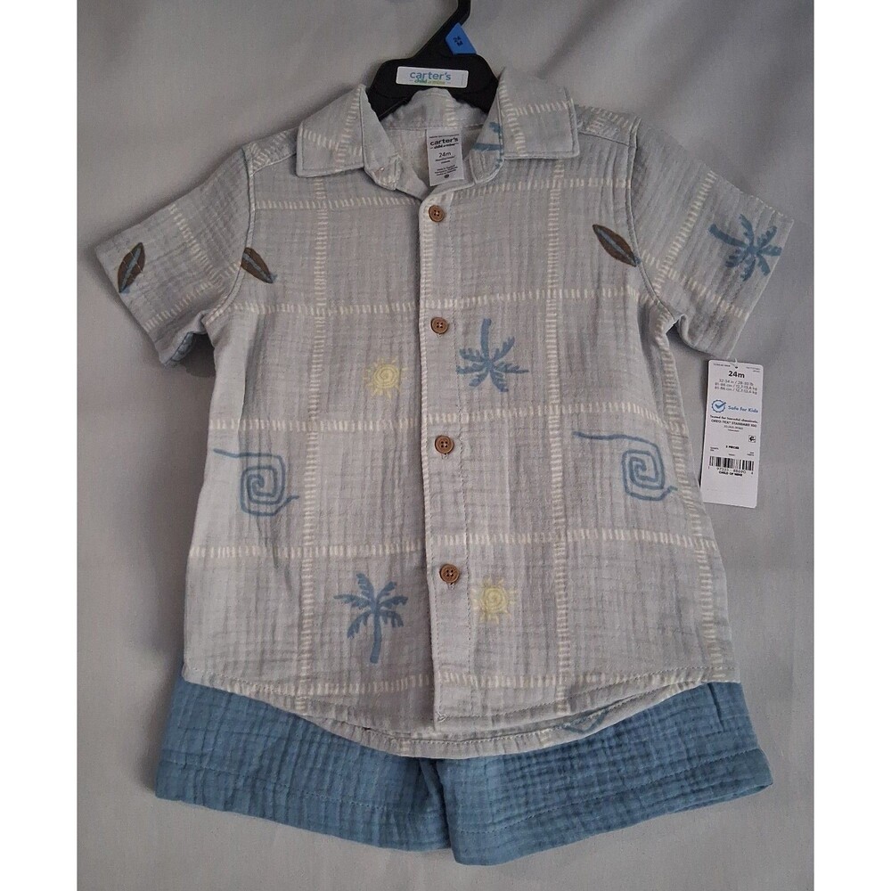 Carter's 24M Blue Hawaiian Print Button-Up Shirt & Shorts Set – New with Tags - Picture 2 of 6